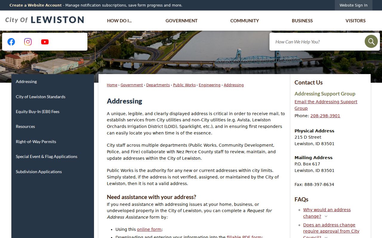 City of Lewiston official addressing information