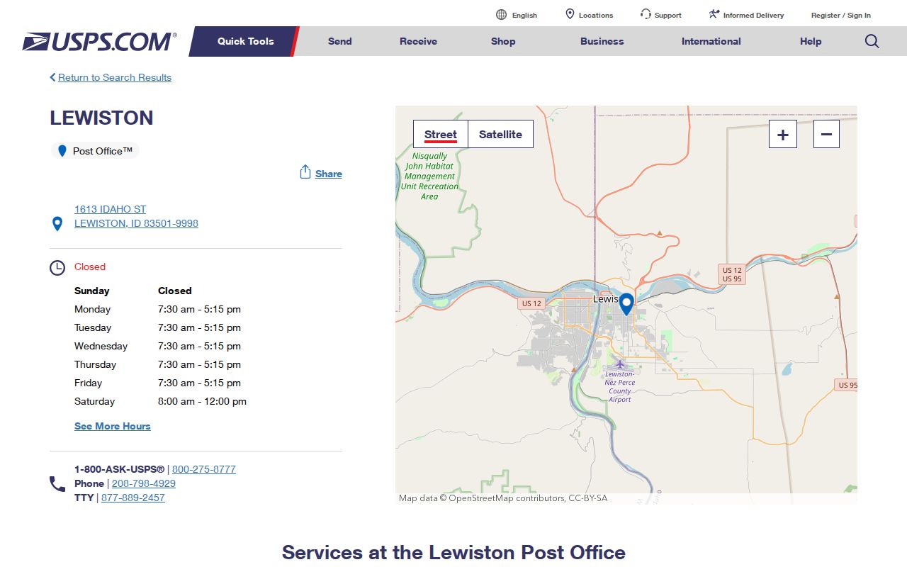 USPS Lewiston Post Office details for ZIP code 83501